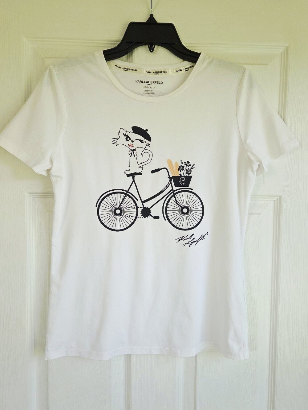 Karl Lagerfeld ✨️ Women's White Cotton Cat & Bicycle Graphic T-Shirt Size XS